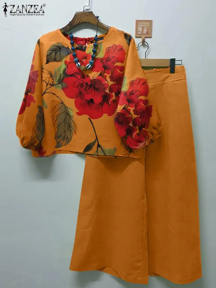 ZANZEA-Conjunto de blusa y pantalones con estampado Floral para mujer, chándal de dos piezas, de pierna ancha, estilo bohemio, para verano