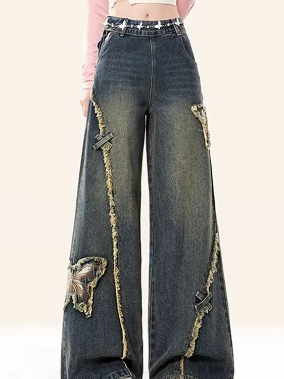 

American High Street Embroidery Side Zipper Jeans Women's Loose Slim High Waist Straight Leg Wide Leg Pants
