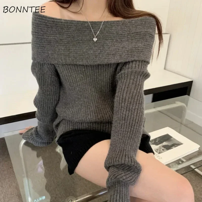 Slash Neck Sweaters Women Gray Solid All-match Off Shoulder Casual High Street Niche Warm Knitted Soft Spring Autumn Pullover