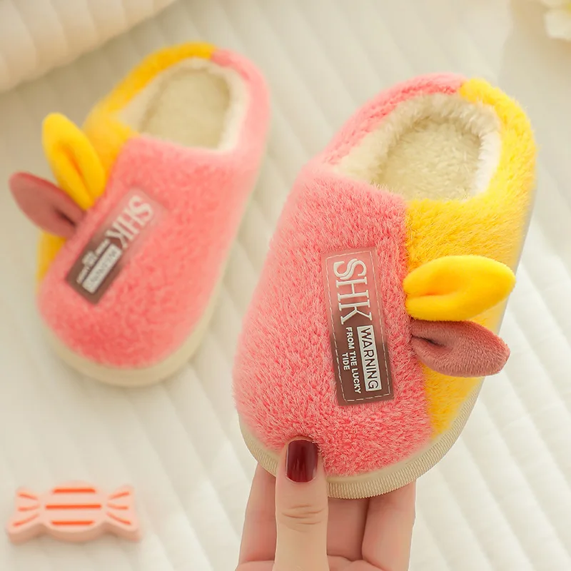 Children's Autumn and Winter Soft Bottom Plus Velvet Thickening Anti-slip Fashion Cartoon Boys and Girls Plush Cotton Slippers