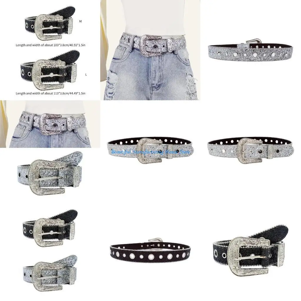 

E56A Привлекательный поясной ремень с блестящей пряжкой из искусственной кожи для женского джинсового платья