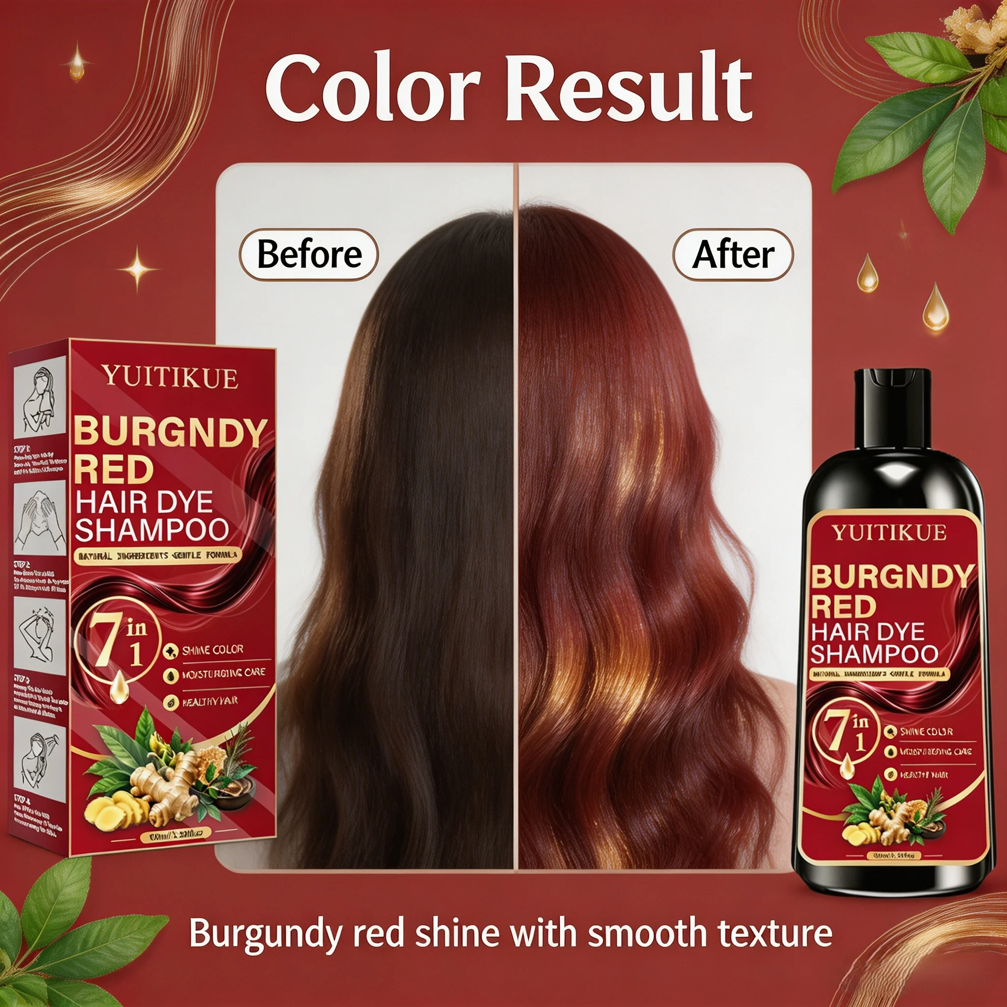 YUITIKUE Burgundy Red Hair Dye Shampoo 100ml 7 in 1 Natural Gentle Formula Moisturizing Shiny Hair Coloring Shampoo