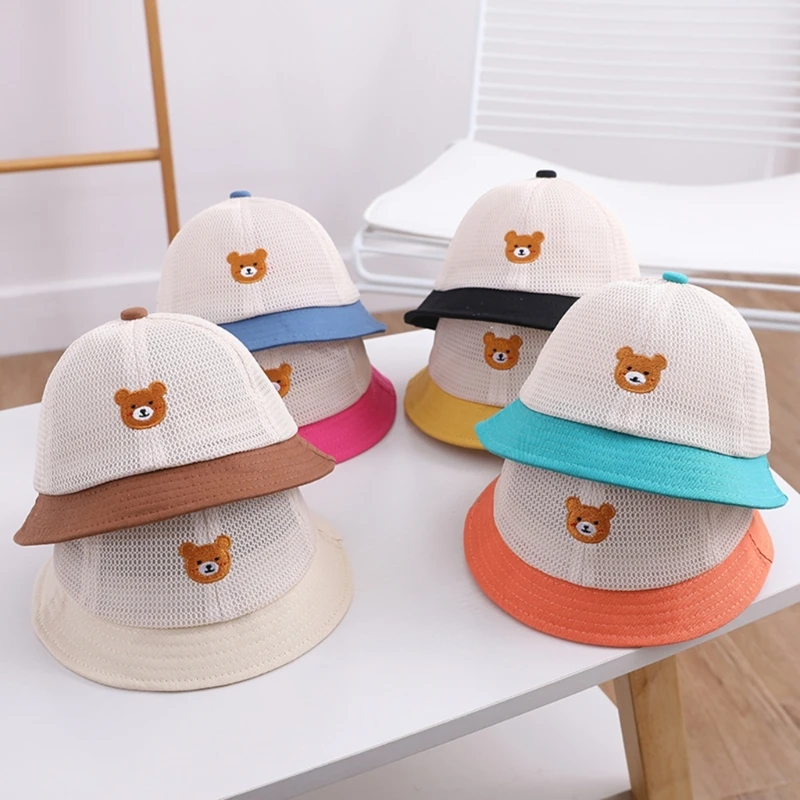 Sombrero de Sol de oso de dibujos animados para bebé, sombreros de cubo para niños, gorra de pescador de malla de ala ancha para playa al aire libre, primavera y verano