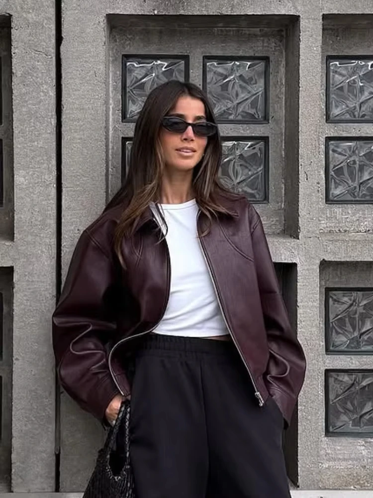 Vínově červená umělá kůže Jackcet módní svrchní oblečení tlustý zip klopa PU kabáty podzimní zimní streetwear dámské topy ženy - náhled 3