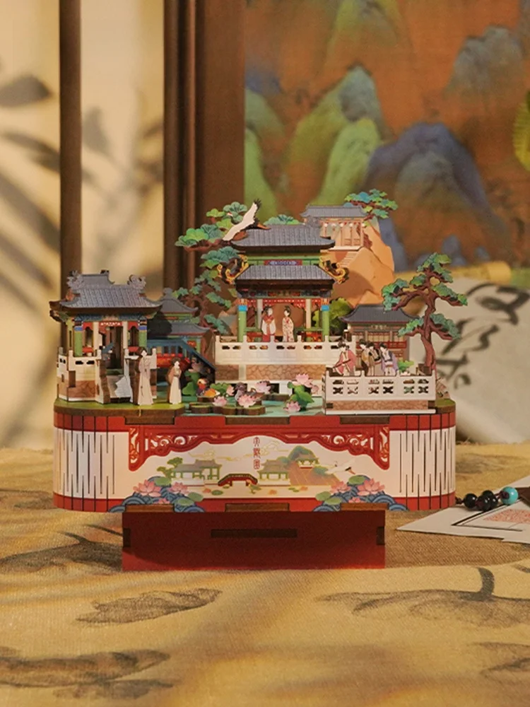 Handmade Wooden Music Box DIY Building Blocks Museum Great View Garden Birthday Gift Creative Festive Supplies National Museum
