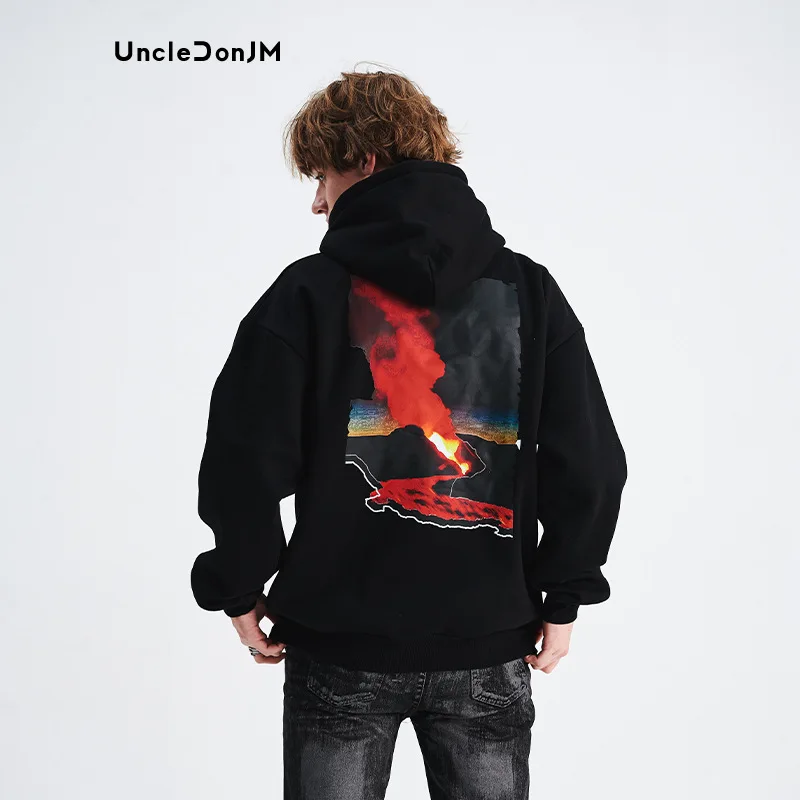 

Flame Printed Hooded Velvet Streetwear Harajuku Retro Fleece Hoodie Pullover