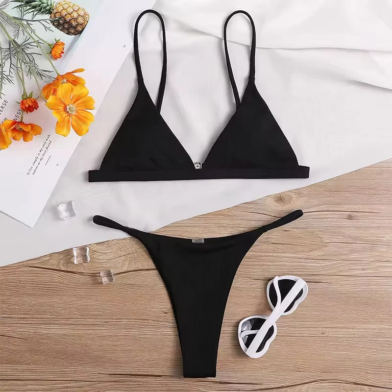 

Black Swimsuit Triangle Sling Extrem Bikini Backless Beach Set Ribbing Vacation Swimwears Women Thong Bathing Suit Biquini