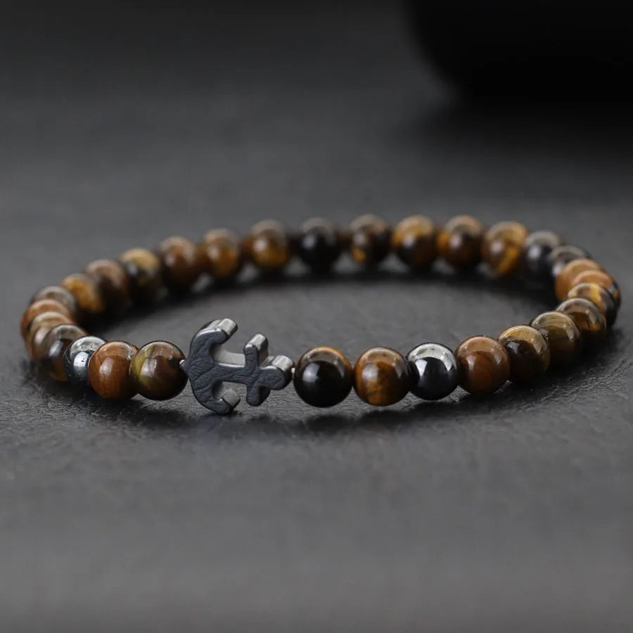 New Anchor Bracelet For Men Black Hematite Stone Healing Braclet Natural Tiger Eyes Lava Beaded Braslet Lucky Red Howlite Joias