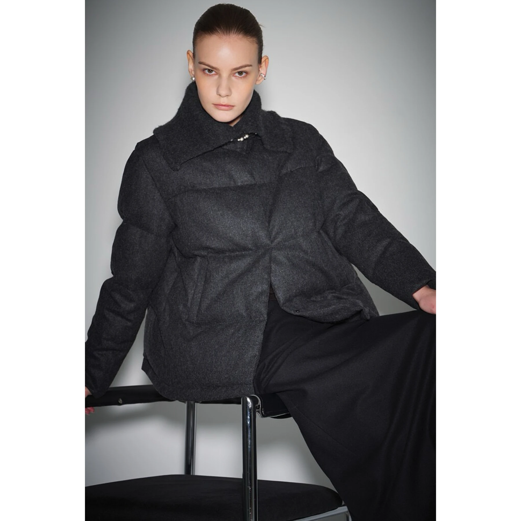 Lemon Cheese LAN Winter Thiened Woolen Fabric Goose down Coat with Ruffle Collar Versatile Commute Sle Long Sve Zipper