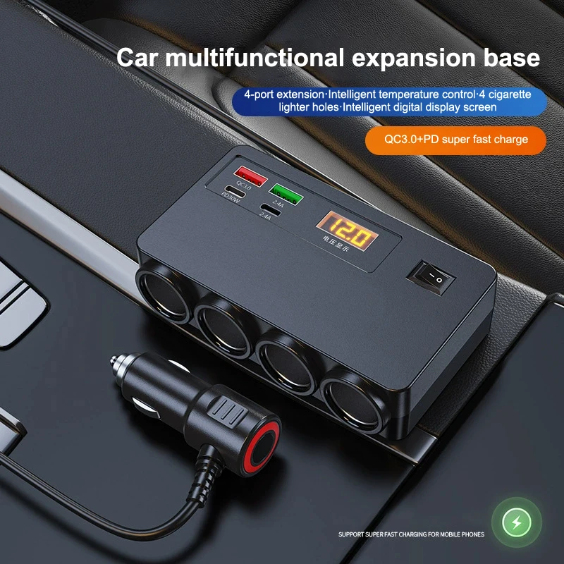 120W Multi-Functional Vehicle Charger USB/TYPE-C Fast Charging Four Conversion Interfaces, With Digital Voltage Display
