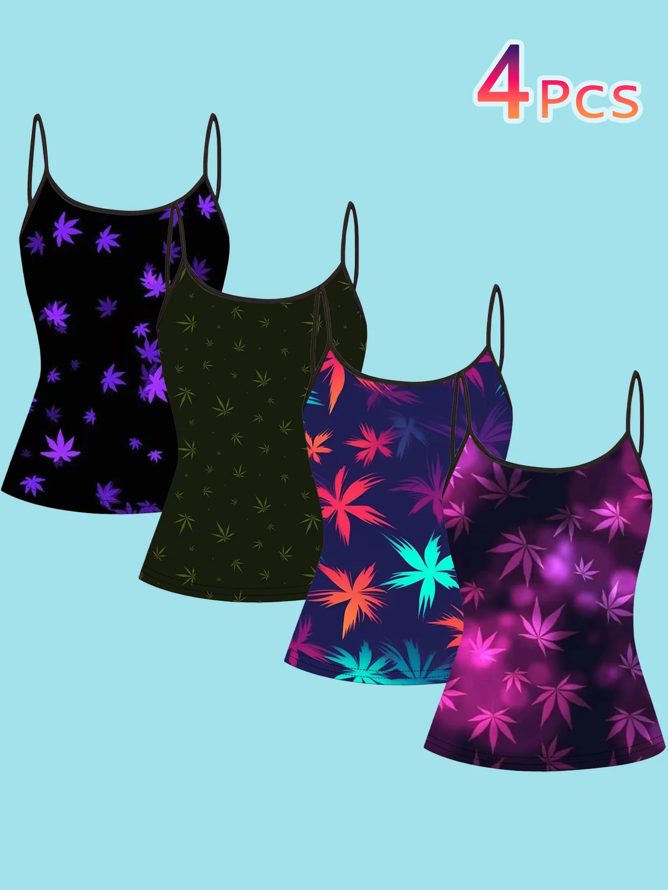 4-Piece Set of Women's Spaghetti Strap Camisole Tops with Black Base and Iridescent Maple Leaf Art Plant Print, Slim Fit Sleeveless Tops