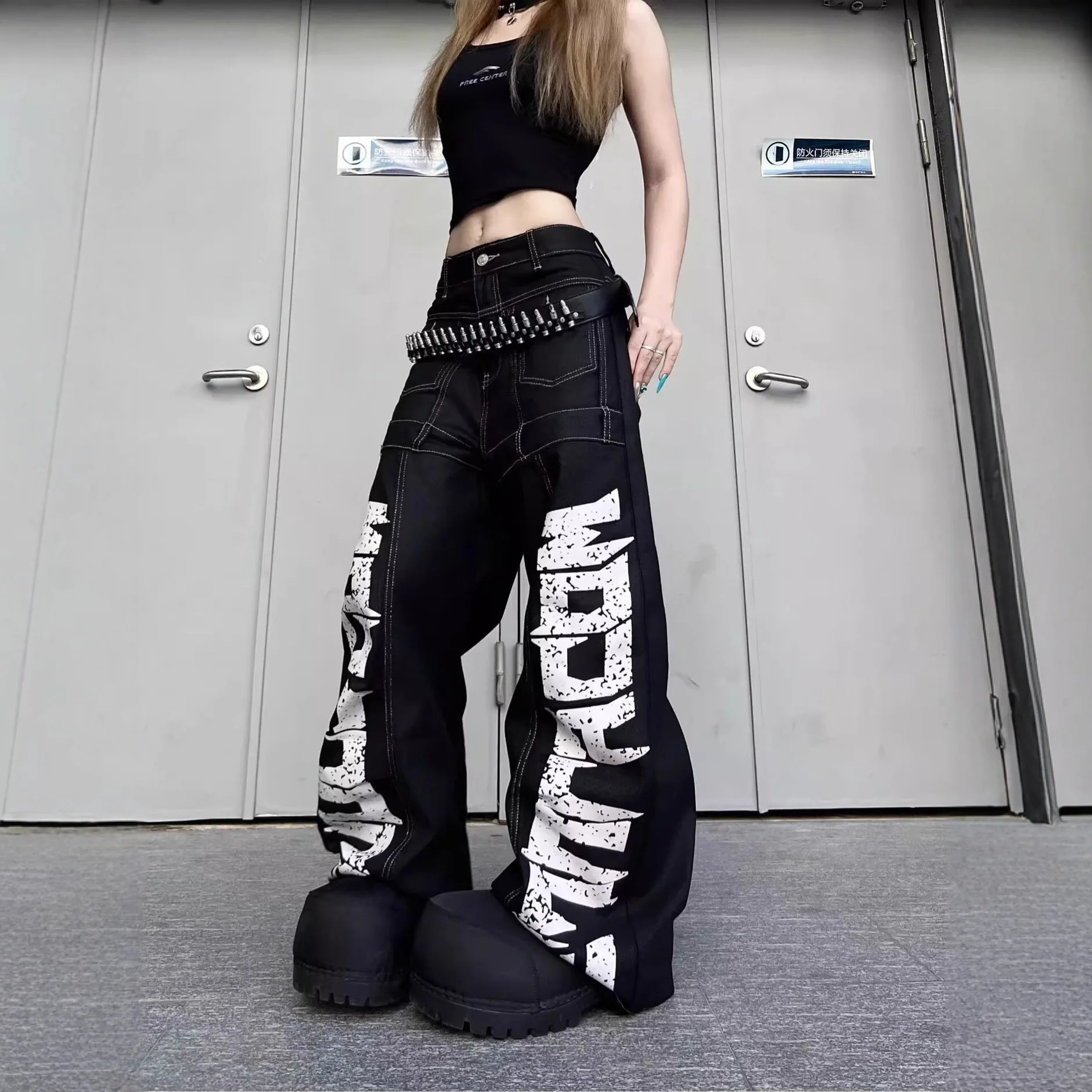 Fashionable American Retro Letter Printed Jeans Men's and Women's Design Sense Workwear Wide Leg Pants
