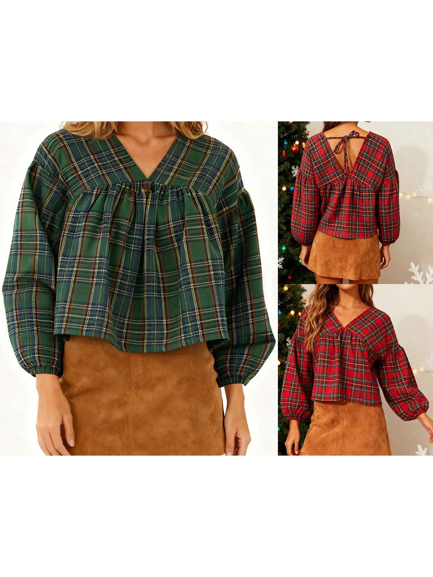 بلوزة نسائية كاجوال منقوشة برقبة على شكل حرف V وأكمام طويلة وتفاصيل ربطة عنق لأزياء الربيع والخريف #3