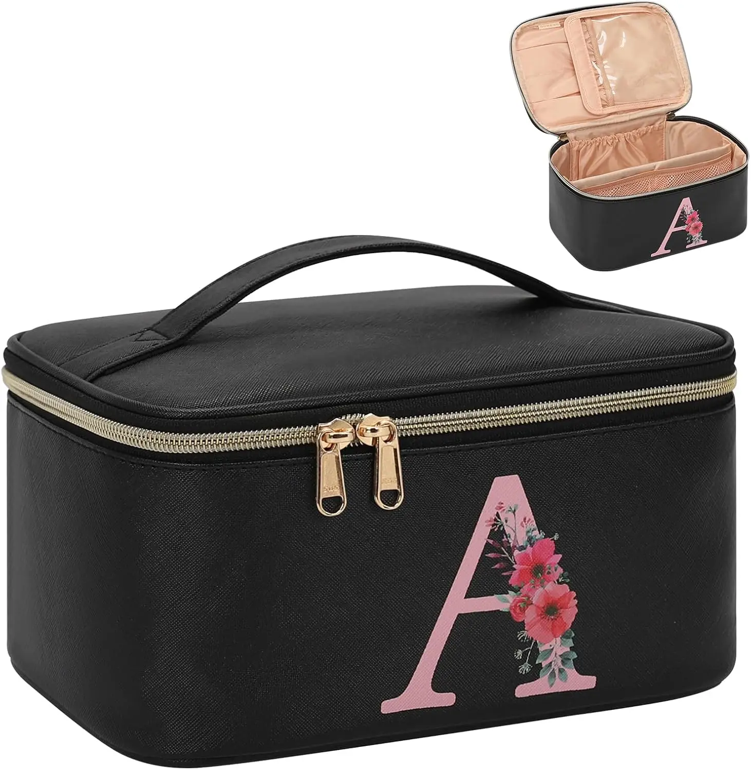 

OCHEAL Initial Makeup Bag,Monogram Make up Bag Black Travel Makeup Organizer Case Beauty Toiletry Cosmetic Bag with Brush Holder, Trendy Stuff Personalized Gifts for Women and Girls-A
