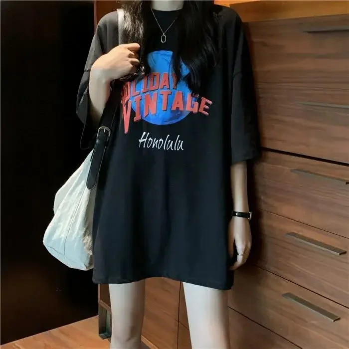 Harajuku Oversized Graphic Women Tees Summer Casual Y2k T-shirt Pure Cotton Letter Print T Shirt Hipster Tops Hip Hop Streetwear