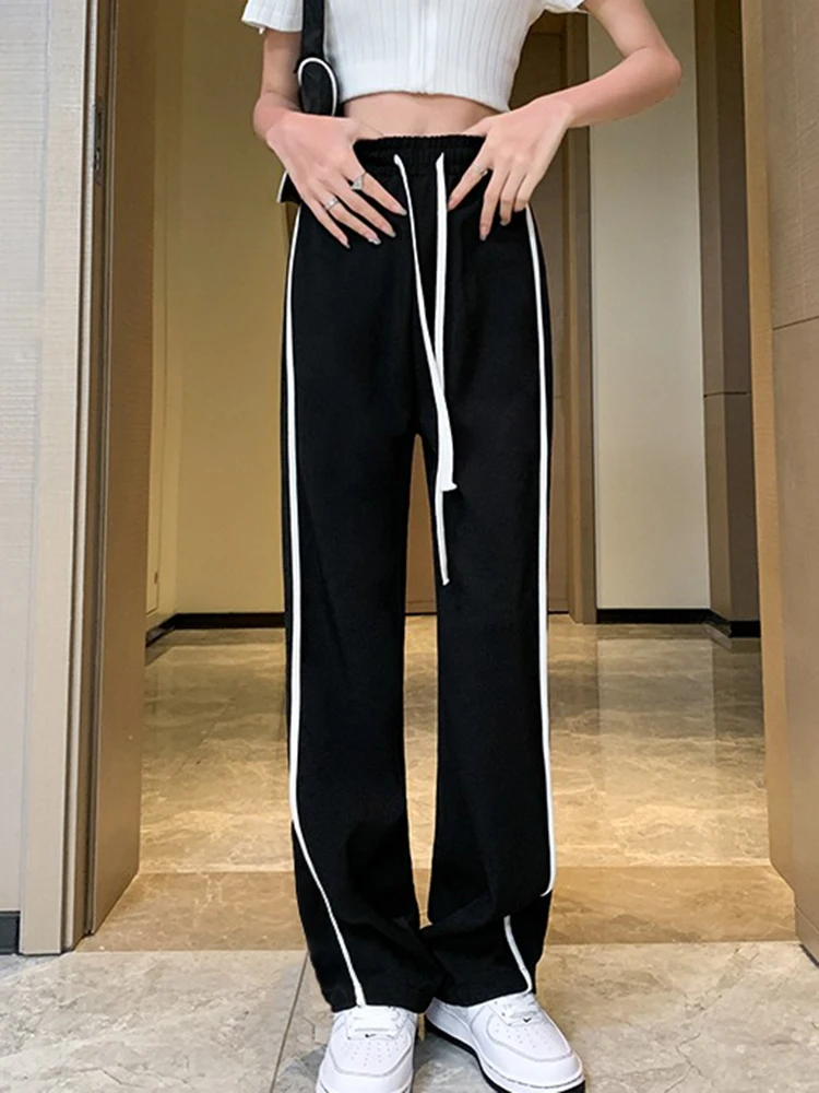 

Lace Up High Waist Loose Casual Drawstring Side Stripe Wide Leg Pants Straight Pant Autumn Plush Sweatpants Women's Trousers