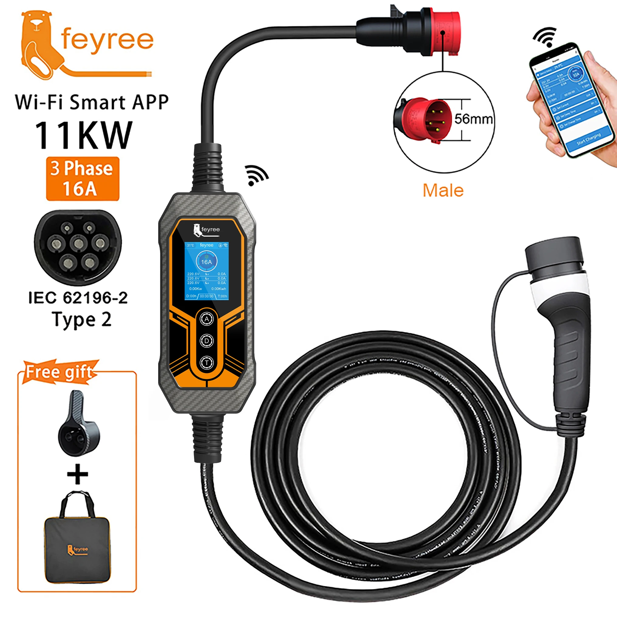 Feyree Type 2 draagbare EV-oplader 11KW 16A 3-fase Wi-Fi APP Bluetooth-versie EVSE-oplaadkabel 5 m CEE-stekker voor elektrische auto