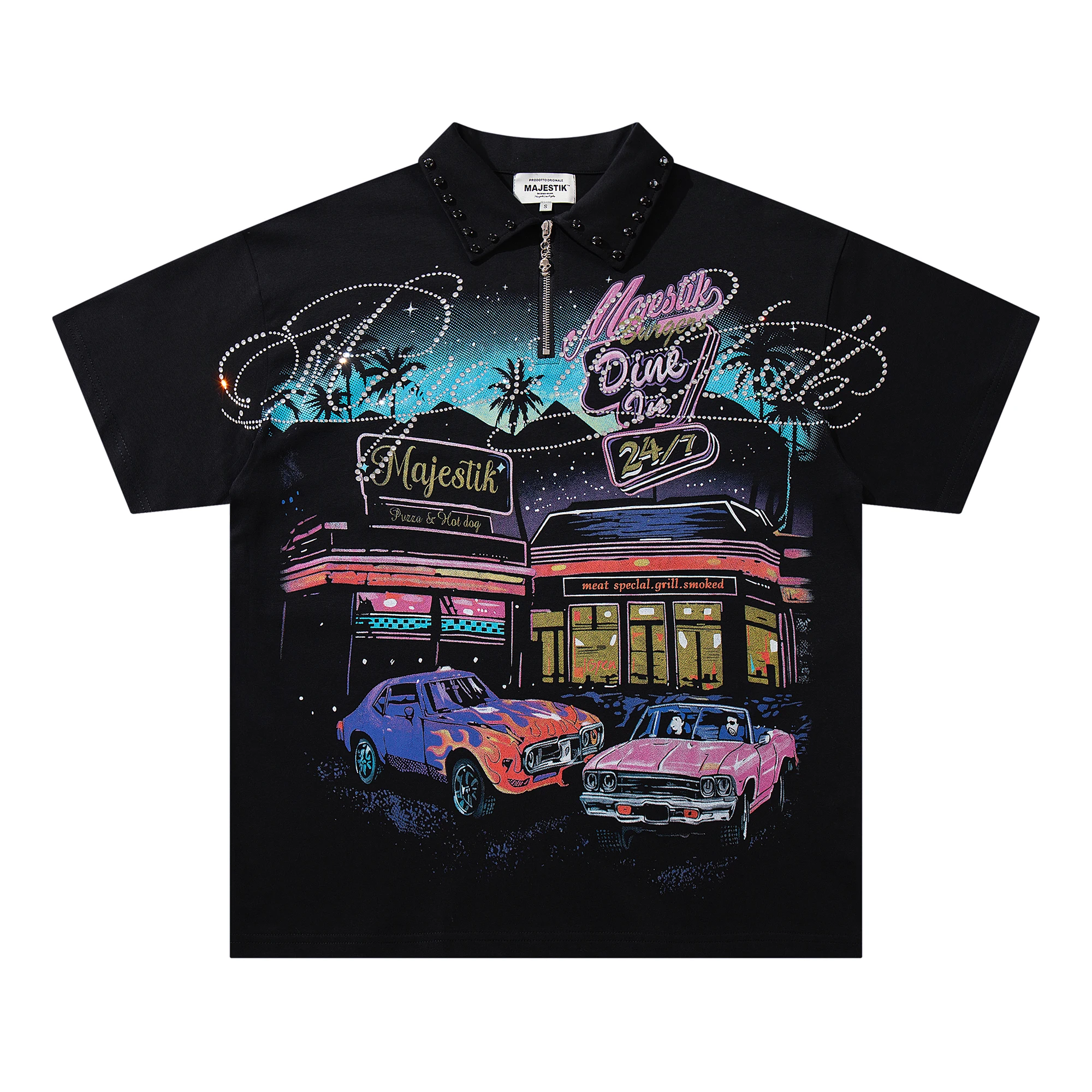 Rhinestone Graphic Polo Shirt Men Half Zipper Stud Collar Oversized Hip Hop Street Tshirt Cotton Tops Tees Summer Vintage Cotton