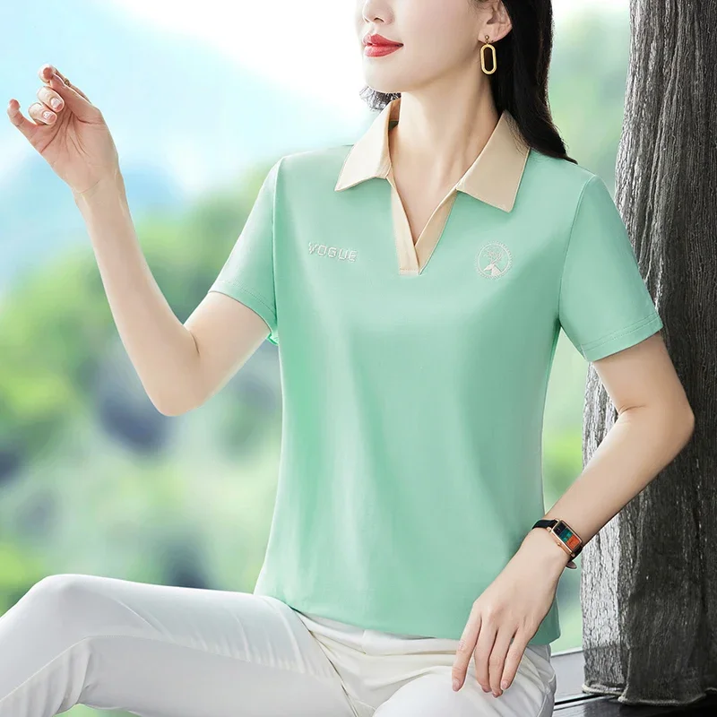 T-Shirt Polo da donna estiva abbigliamento di lusso abbigliamento elegante maglietta a maniche corte pullover top Lady risvolti eleganti ed eleganti