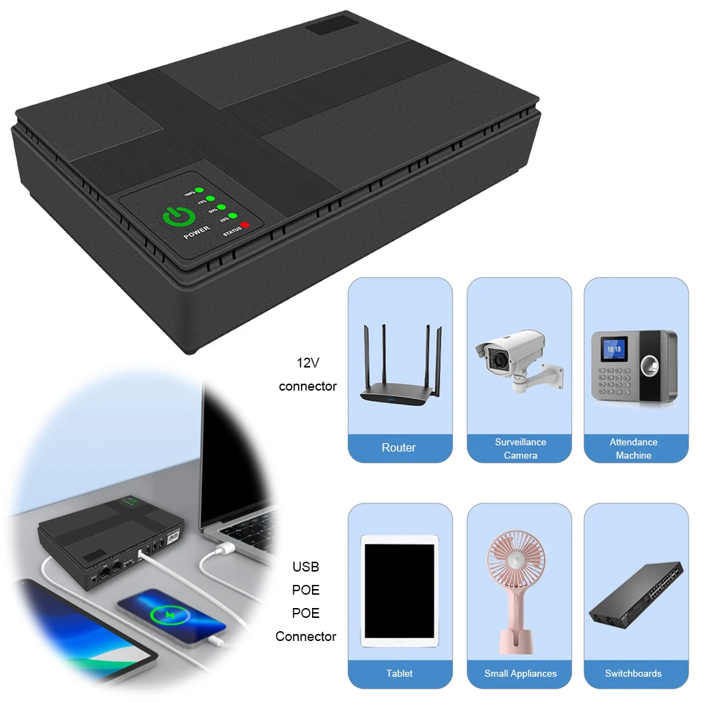 

8800/10400mAh Router Optical Cat UPS 85‑265V Mini Portable Route UPS EU Plug USB 5V 2A DC 5V 9V 12V 1A POE 15V 24V 0.6A Output