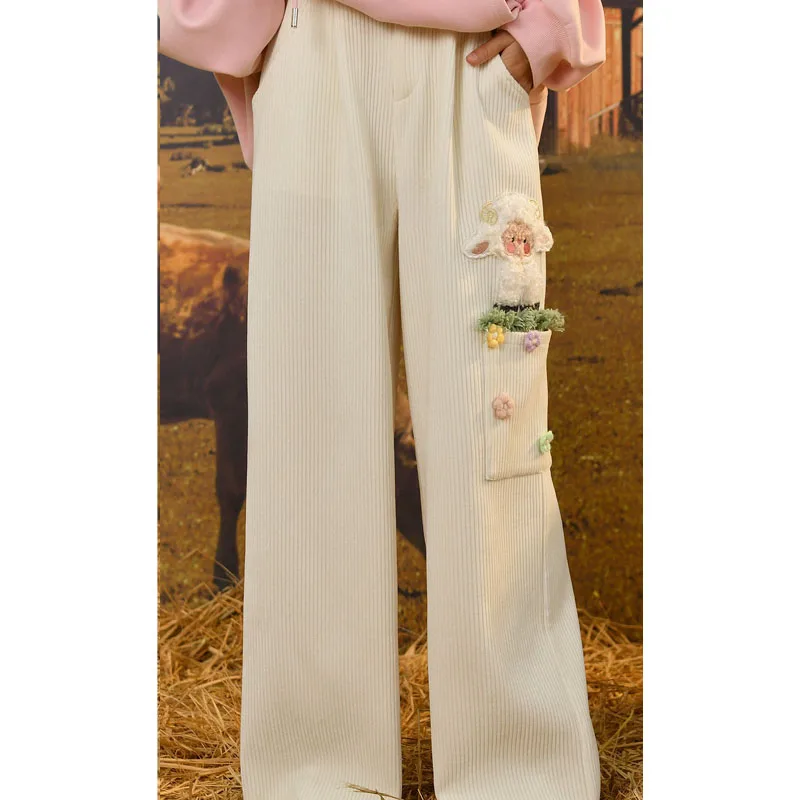 Cute Lamb Winter Chenille Casual Pants Straight Tube Loose Fit Slimming Warm Wide Leg Pants