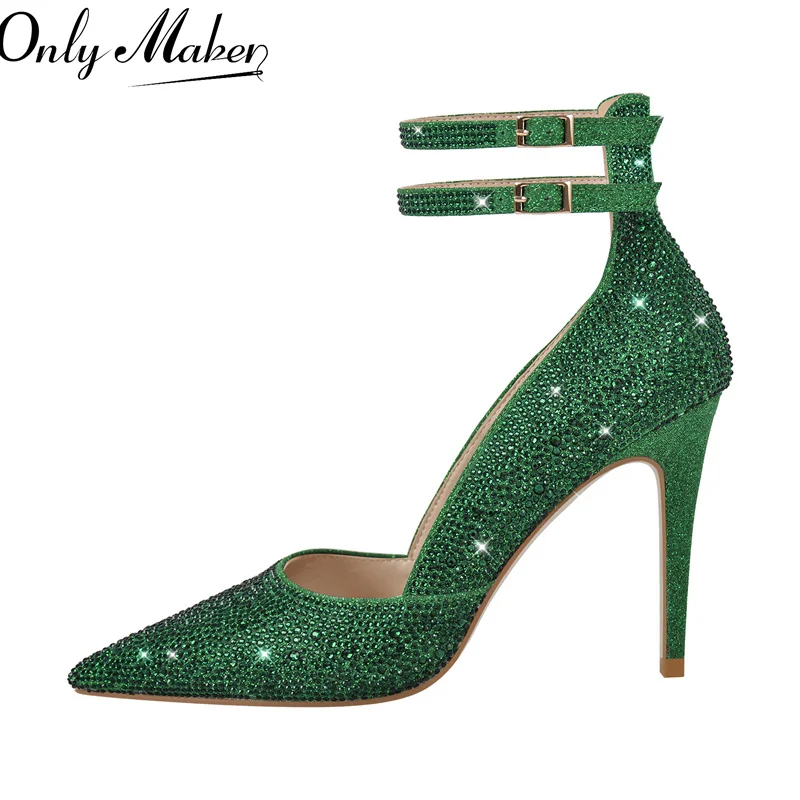 Onlymaker Women Green Pointed Toe Rhinestone Ankle Straps Pointed Toe Pumps 10CM High Heel  Party Dress Big Size Heels