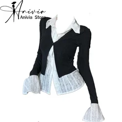 Women's White Shirt Black Knitted Vest Set Autumn/Winter Korean Harajuku 2000s Style College Retro Top Shirt Knitted Clothing