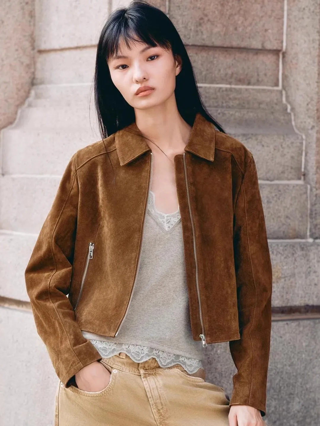 

Ele ort Женская куртка на молнии для похудения, повседневная, прямого кроя, длинная све, осенняя мода