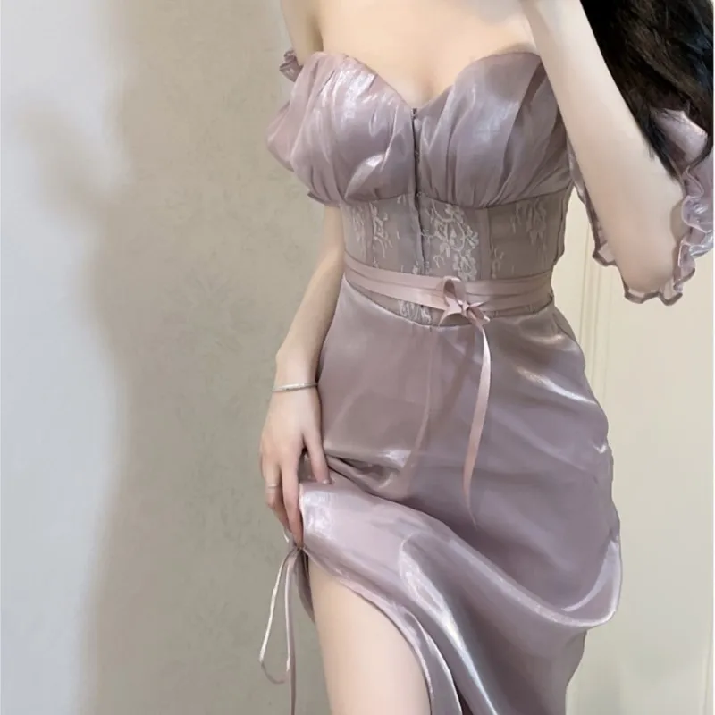 

One line shoulder new sense bubble sleeve light luxury temperament waist skirt