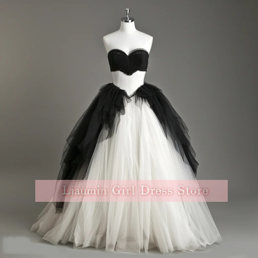 White and Black Tulle Wedding Dresses Bridal Gown Full Length Formal Brithday Party Clothing Lace Up Customized Hand Made W8-20