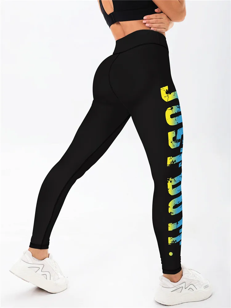 New Yoga Pants Colorful Yellow Blue Gradient Letter Tight Sports Women's Underpants Personalized Fitness Printed Elastic Pants