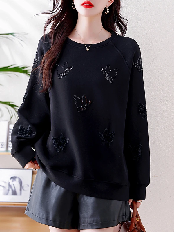 

Повседневная универсальная толстовка на флисовой подкладке с вышивкой и пайетками, осень 2025, новый стиль, удобный крой, круглый вырез, длинный рукав