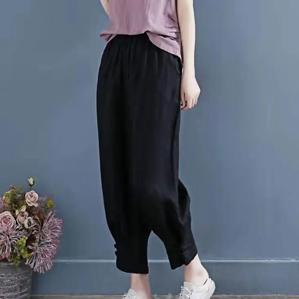 Mid-Rise Solid Color Slant Pockets Buttons Ankle Cuffs Lady Slacks Loose Fit Elastic Waist Casual Harem Trousers Female Clothing