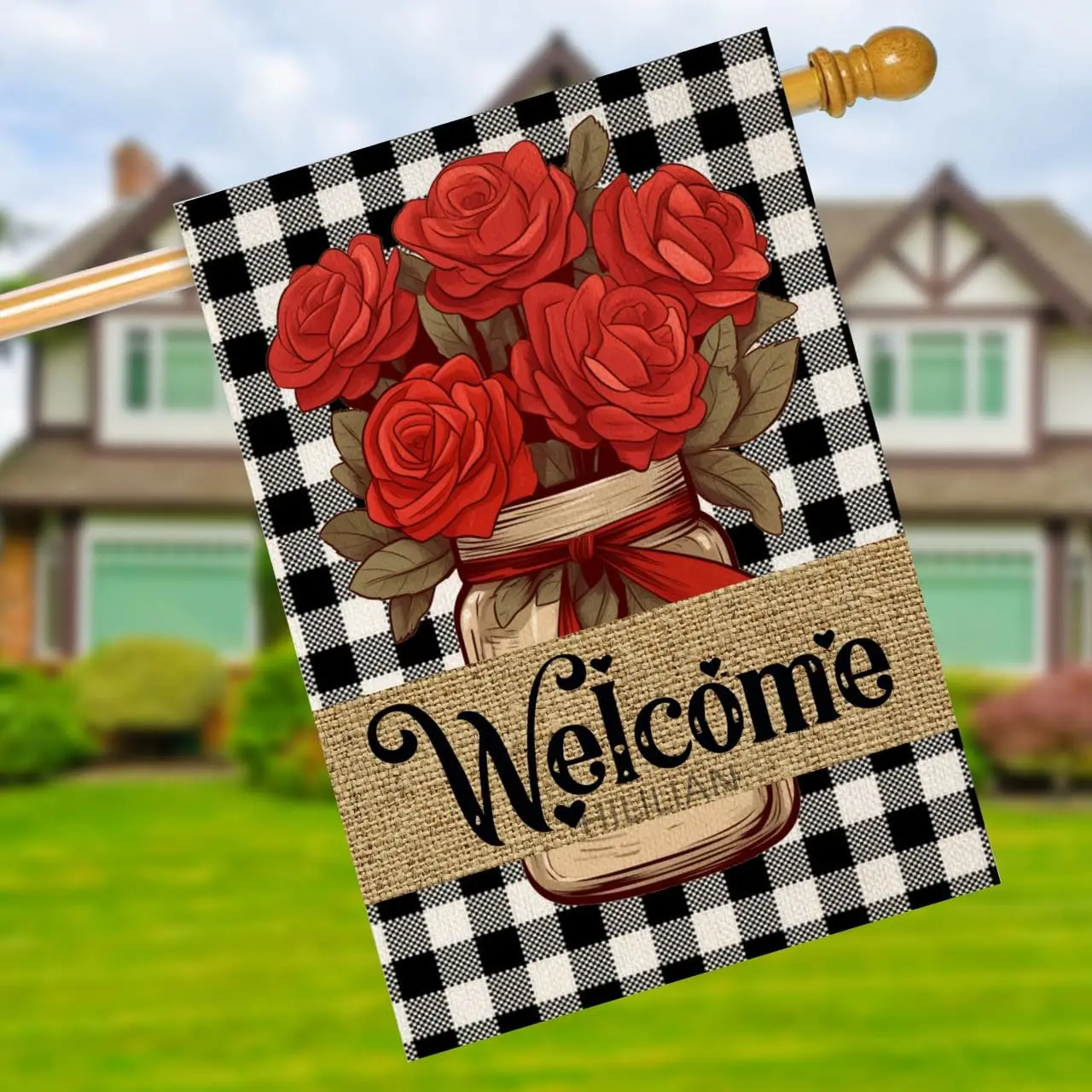 Roses Garden Flag for Outside Buffalo Plaid Check Welcome Flags Small 28x40 Inch Double Sided Yard Flag for Spring Summer Wi PPZ