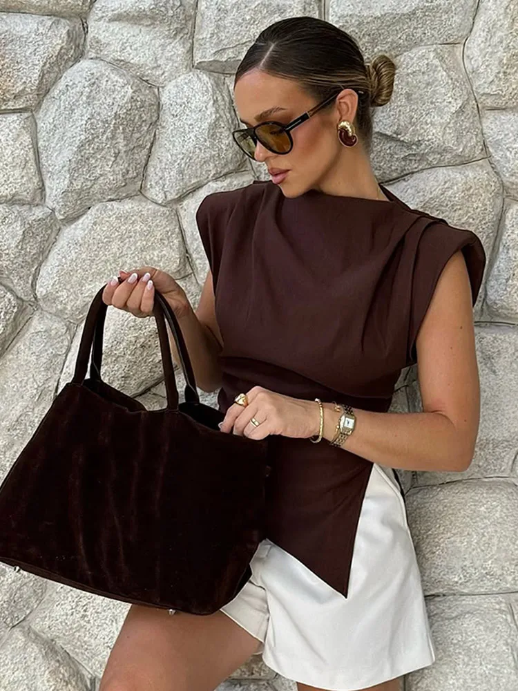 Fashion Brown Shoulder Pads Vest For Women Elegant O-neck Sleeveless Bodycon Tops 2025 New Office Lady Commute Streetwear