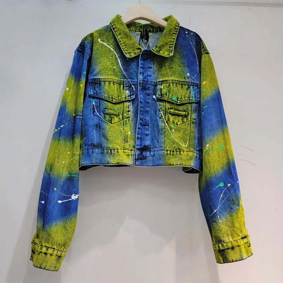 

2023 Autumn New fashion Streetwear Tie Dyed Short Denim Coat for Women Stylish turndown collar Jacket Y4461