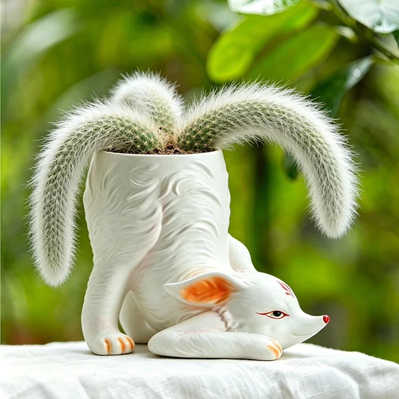 Cute Nine Tails Fox Shaped Ceramic Planter Pot for Monkey Tail Cactus Succulent Plant Indoor Home Decorative Ornament Gift
