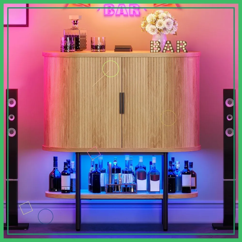 

Oval-Shaped Wine Bar Cabinet with LED Lights, Glass Holders, and Storage for Home Kitchen Living Room