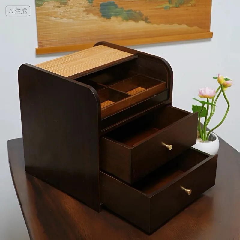 Vintage Multi-layer Storage Box Bamboo Tea Box Handcrafted Zen Home Organizer for Living Room Multi-Functional Display Cabinet
