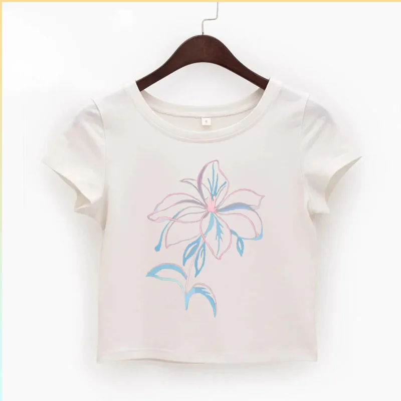 

Women's Summer Crop T - Shirt, Fresh Hand - Painted Lily Print, Short - Sleeve Belly - Button - Exposing Top for Daily Outfits