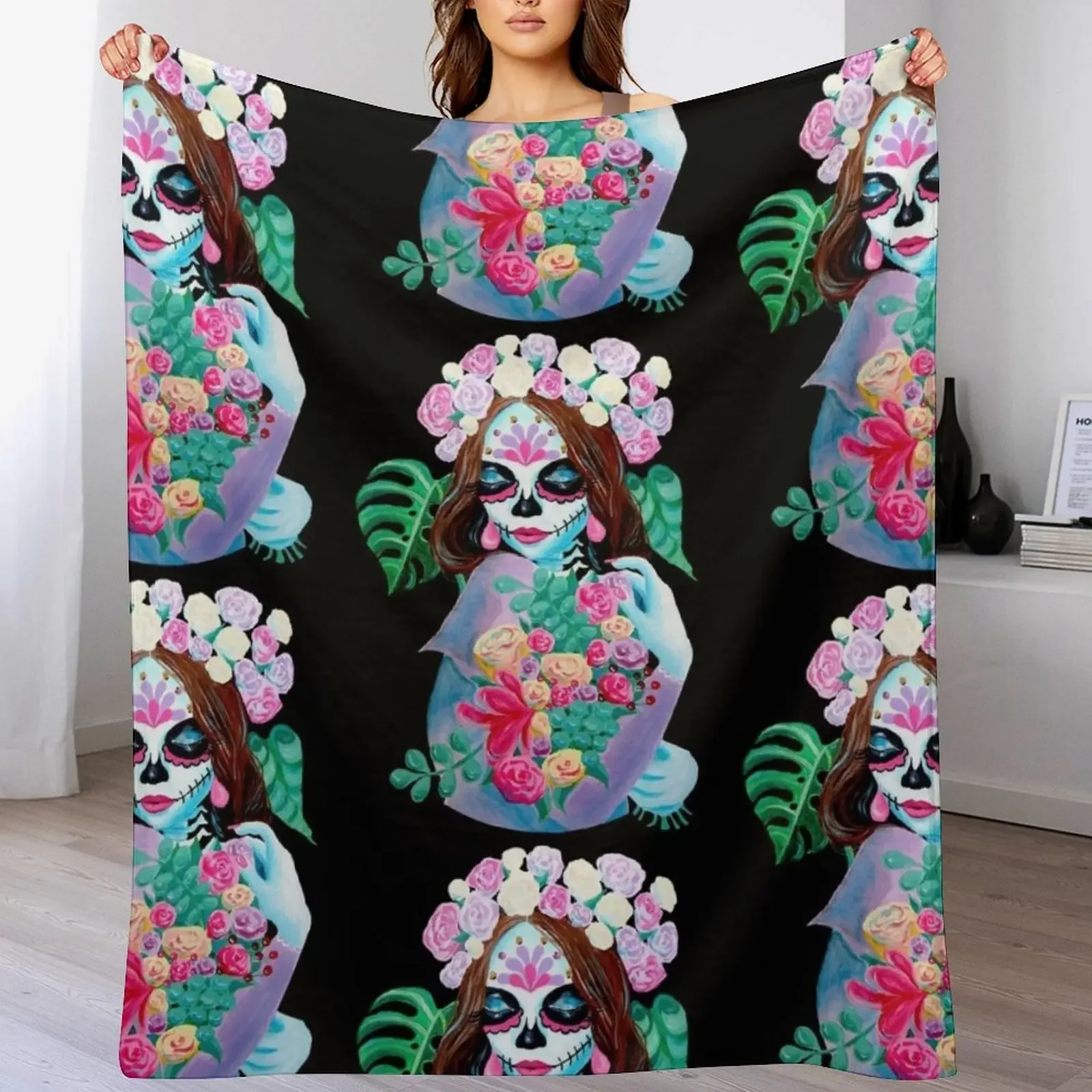 

Sugar Skull Girl with Flowers - La Catrina Throw Blanket Picnic Soft Plush Plaid christmas gifts Luxury Blankets