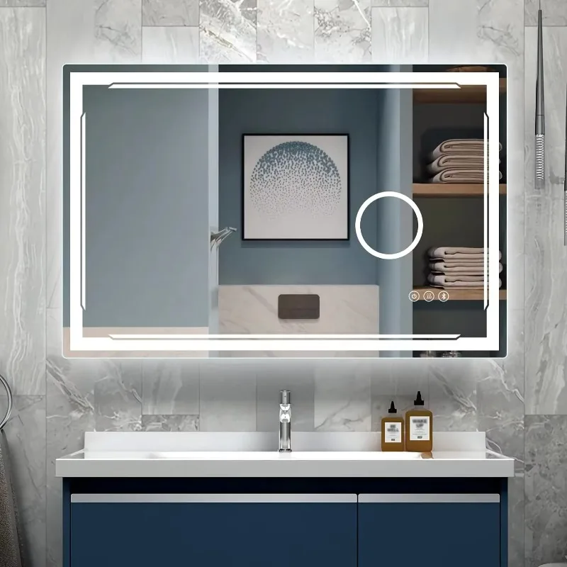 48" x 30" LED Bathroom Mirror with Built-in Bluetooth Speaker and 3x Magnifying Mirror - Smart Lighting Vanity Wall Mount Mirror