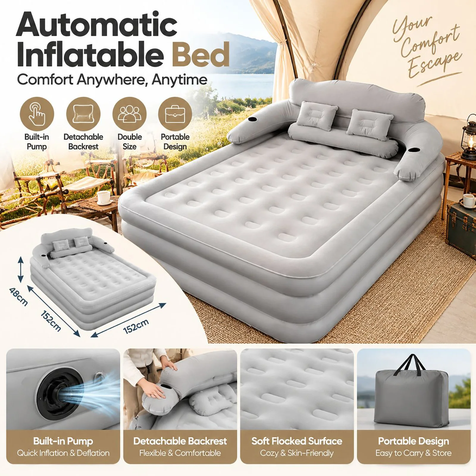 150x203cm Double Inflatable Bed Detachable Backrest Portable Camping Mattress with Built-in Pump Air Cushion