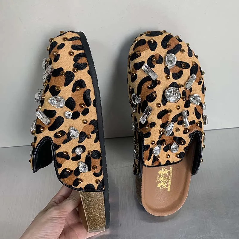 Women Shoes Leopard Mules Flat Slippers Rhinestones Slides 2024 Summe New Thick Sole Casual Luxury Shallow Flat Slippers