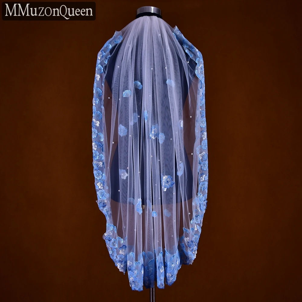 MMQ-Voile court en dentelle bleu clair avec peigne à cheveux, doux et délicat, choses de mariée pour les mariées, mariage, M42