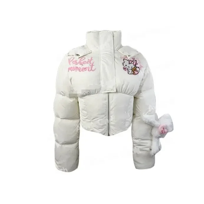 Hello Kitty Cartoon Embroidery White Stand Collar Down Jacket Winter Tighten The Waist Short Style Slim Fit Hooded Coat Gift