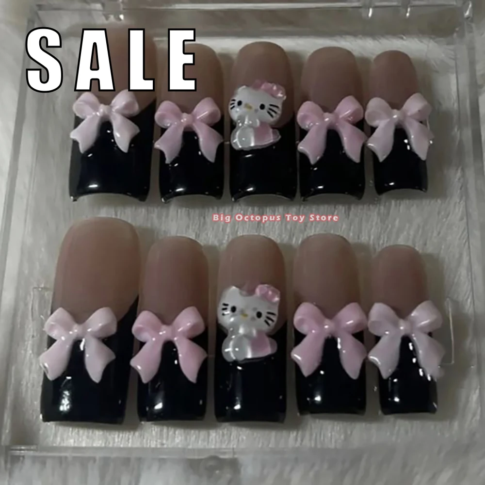 

10Pcs Sales Promotion Sanrio Hello Kitty Long Square Reusable Full Cover Nail Black French Style 3D Pink Bowknot Press On Nails