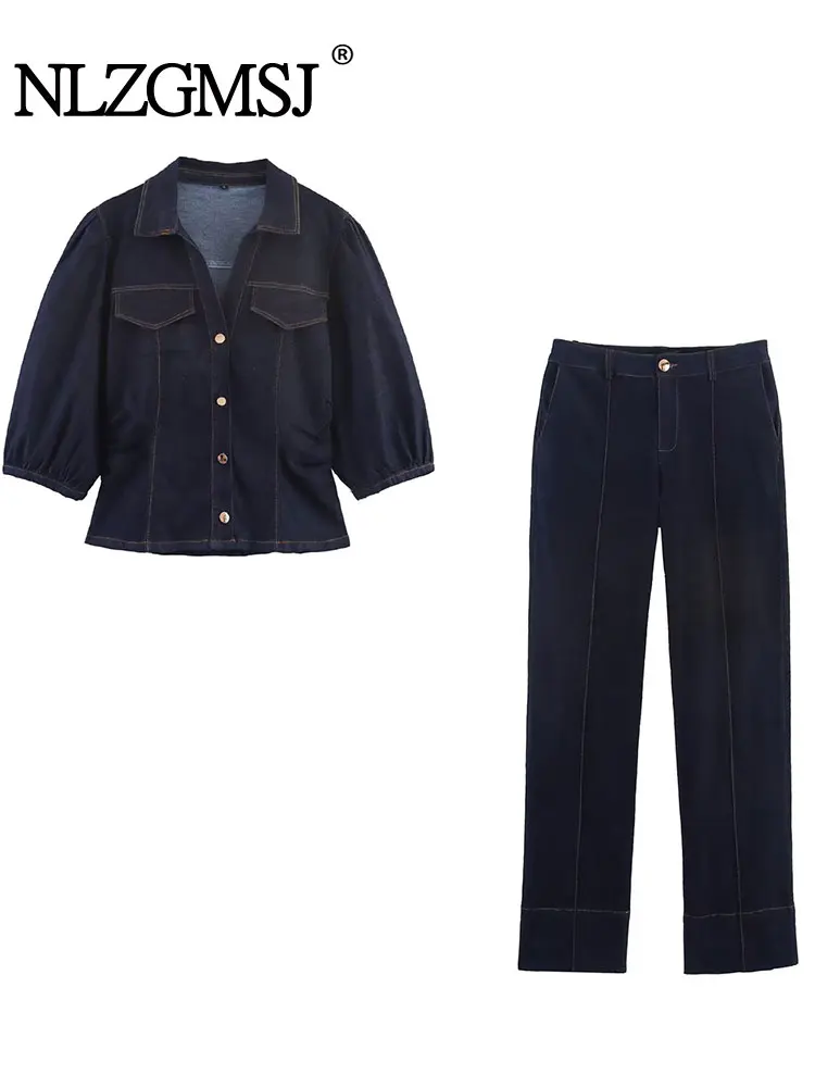 

NLZGMSJ Women's Denim 2 Pieces Outfit Office Shirt Pants Set Long Sleeve Single-Breasted Coat Long Pants Casual Women Sets