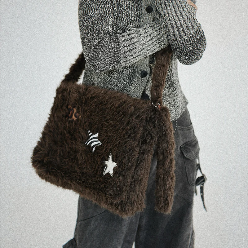 Y2K Plush Square Shoulder Bag Autumn Winter Soft Casual Flip Crossbody Bag Star Decor Large Capacity Coffee Furry Commute Bag