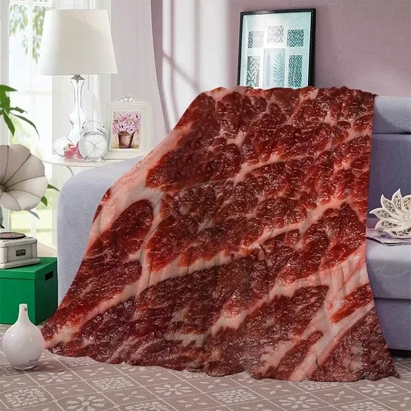 Luxury Funny Beef Steak Print Throw Blanket For Sofa Couch Novelty Meat Pattern Decorative Home Decor 150x200cm